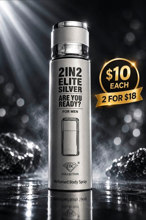 2in2 Elite Silver by EBC Collection, bold perfumed body spray for men in silver bottle