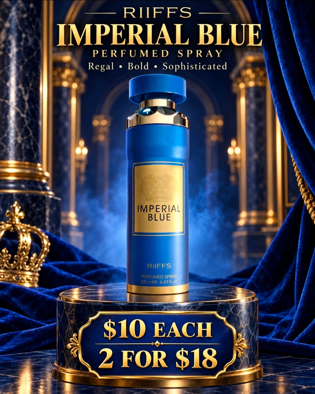 Imperial Blue by Riiffs, regal bold perfumed spray in blue and gold bottle, 200ml