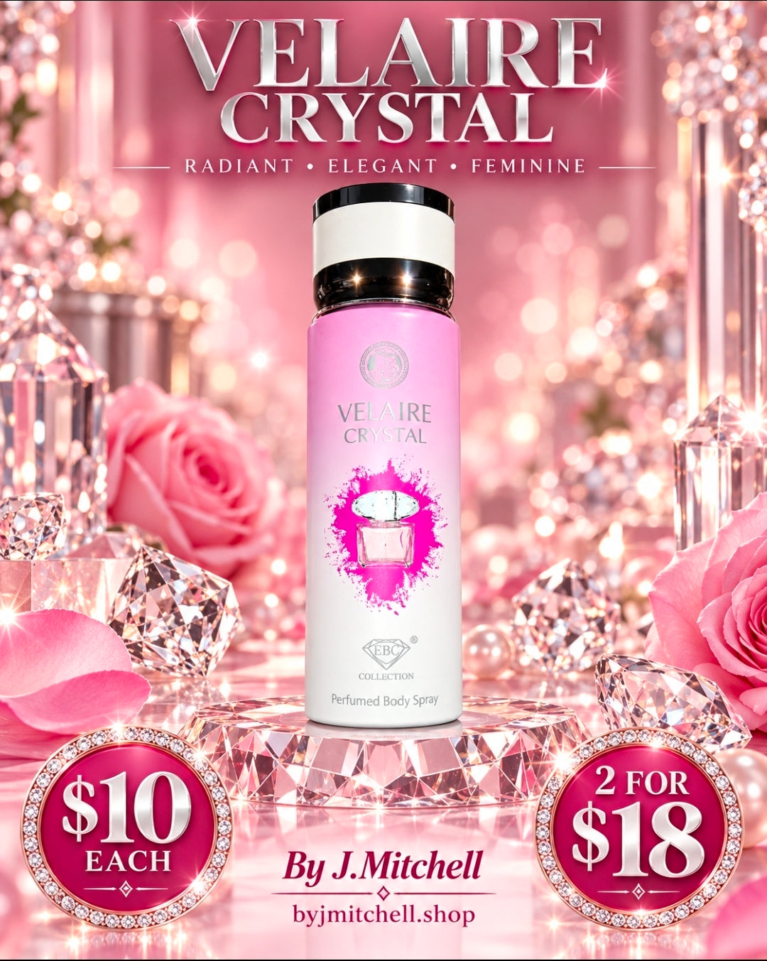 Velaire Crystal by EBC Collection, radiant elegant feminine perfumed body spray