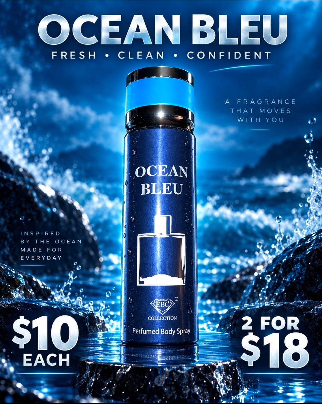 Ocean Bleu by EBC Collection, fresh clean confident perfumed body spray for men