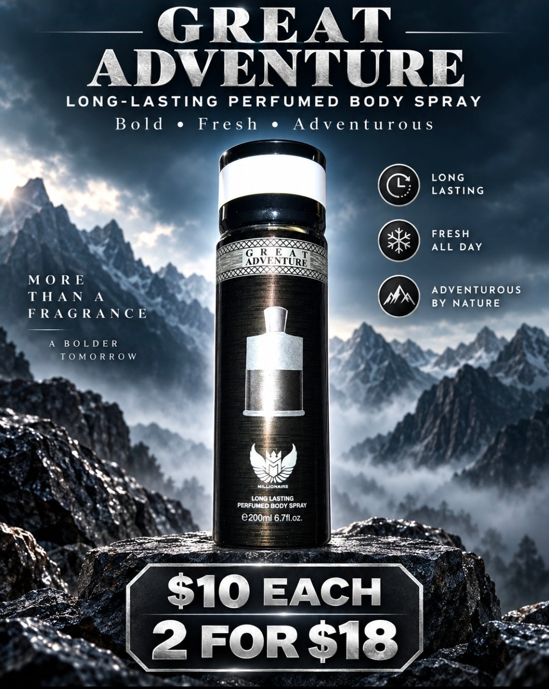 Great Adventure by Millionaire, bold fresh long-lasting perfumed body spray for men, 200ml