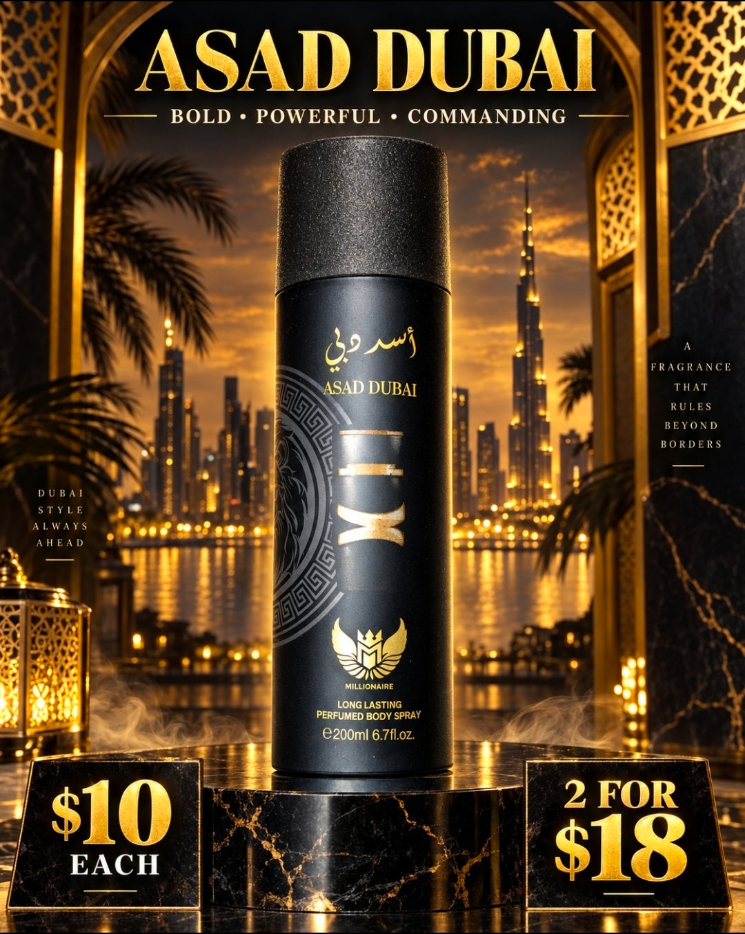 Asad Dubai by Millionaire, bold long-lasting perfumed body spray for men, 200ml