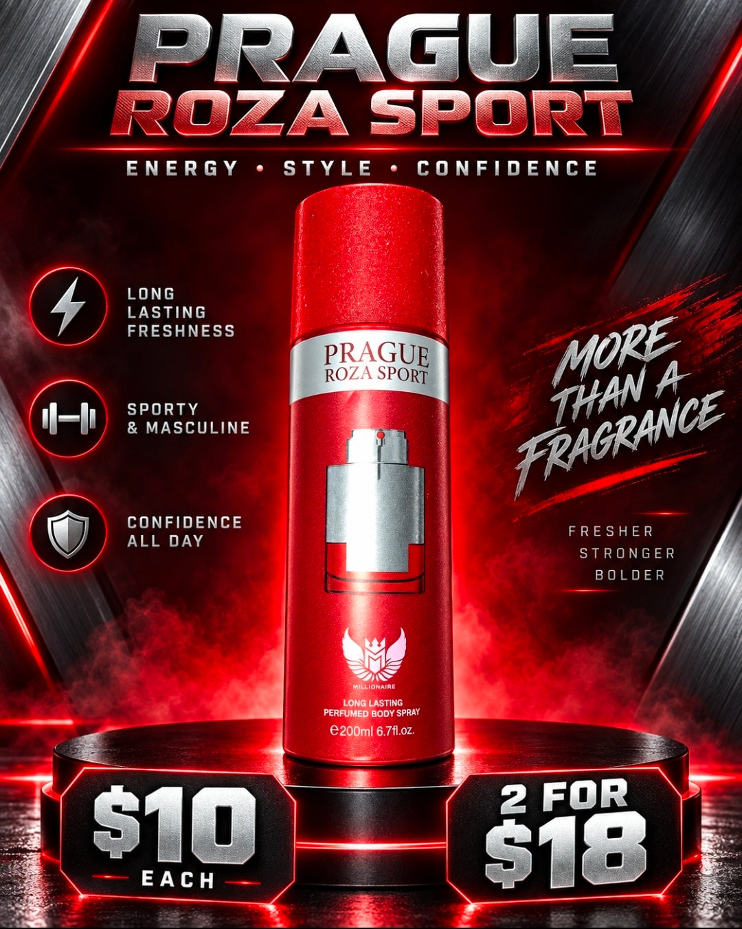 Prague Roza Sport by Millionaire, energetic sporty long-lasting body spray in red bottle, 200ml