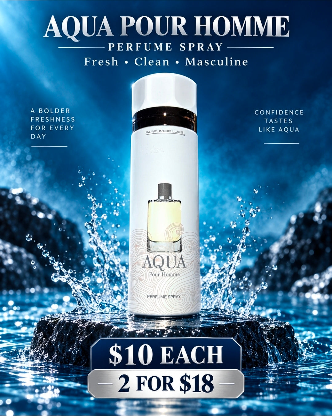Aqua Pour Homme by Parfum De Luxe, fresh clean masculine perfume spray bottle