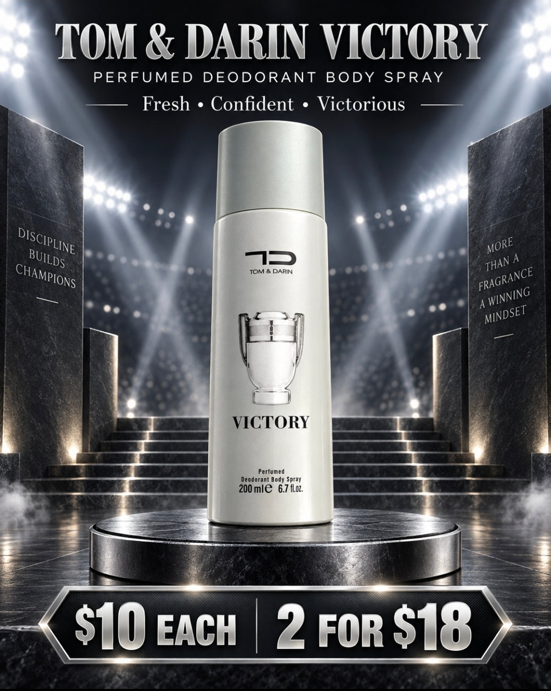 Victory by Tom & Darin, fresh confident perfumed deodorant body spray for men, 200ml