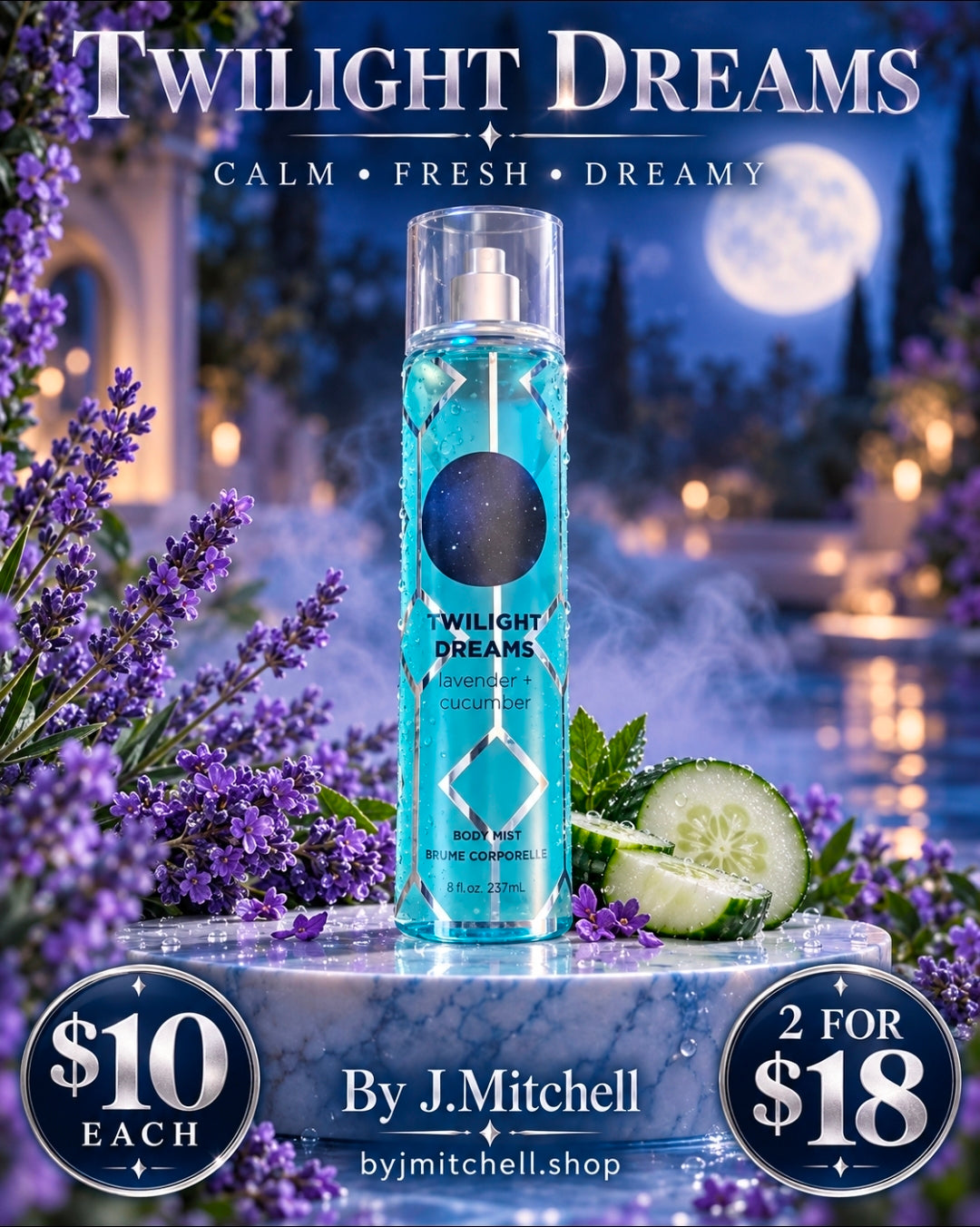 Twilight Dreams by By J. Mitchell, calm dreamy lavender and cucumber body mist, 237ml