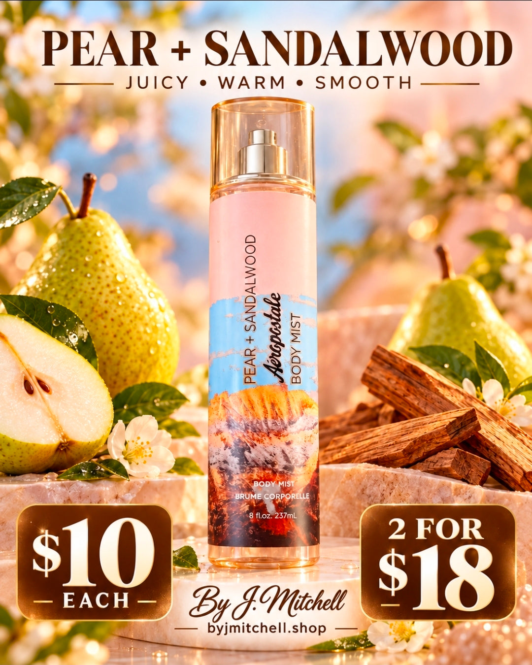Pear + Sandalwood by Aéropostale, juicy warm smooth body mist, 237ml