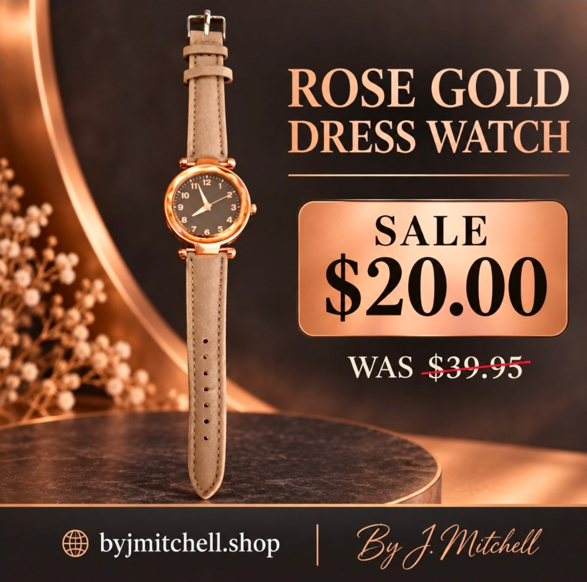 Rose gold dress watch with beige strap