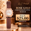 Rose-gold-tone quartz watch with pale dial, brown strap, and chronograph-style subdials