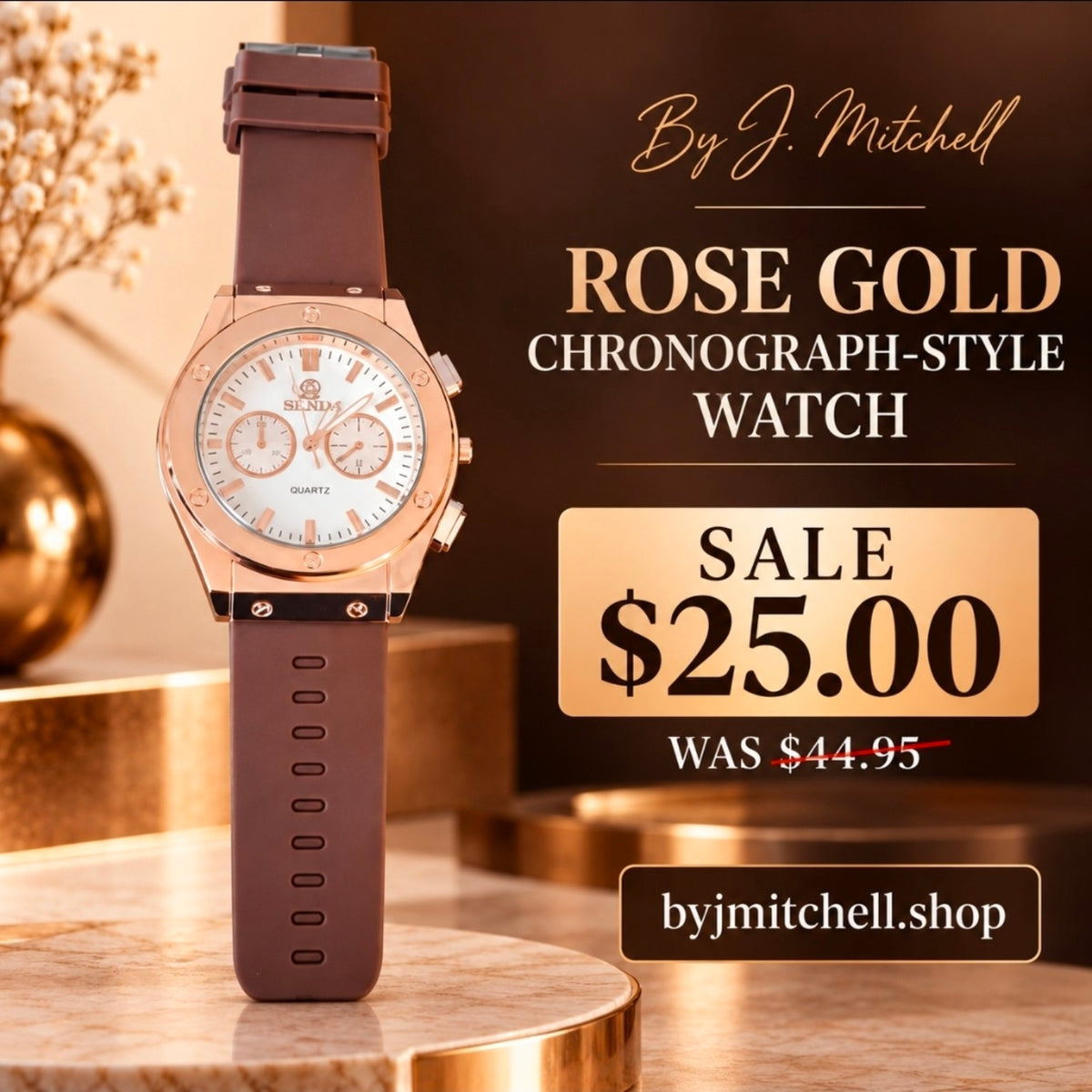 Rose-gold-tone quartz watch with pale dial, brown strap, and chronograph-style subdials