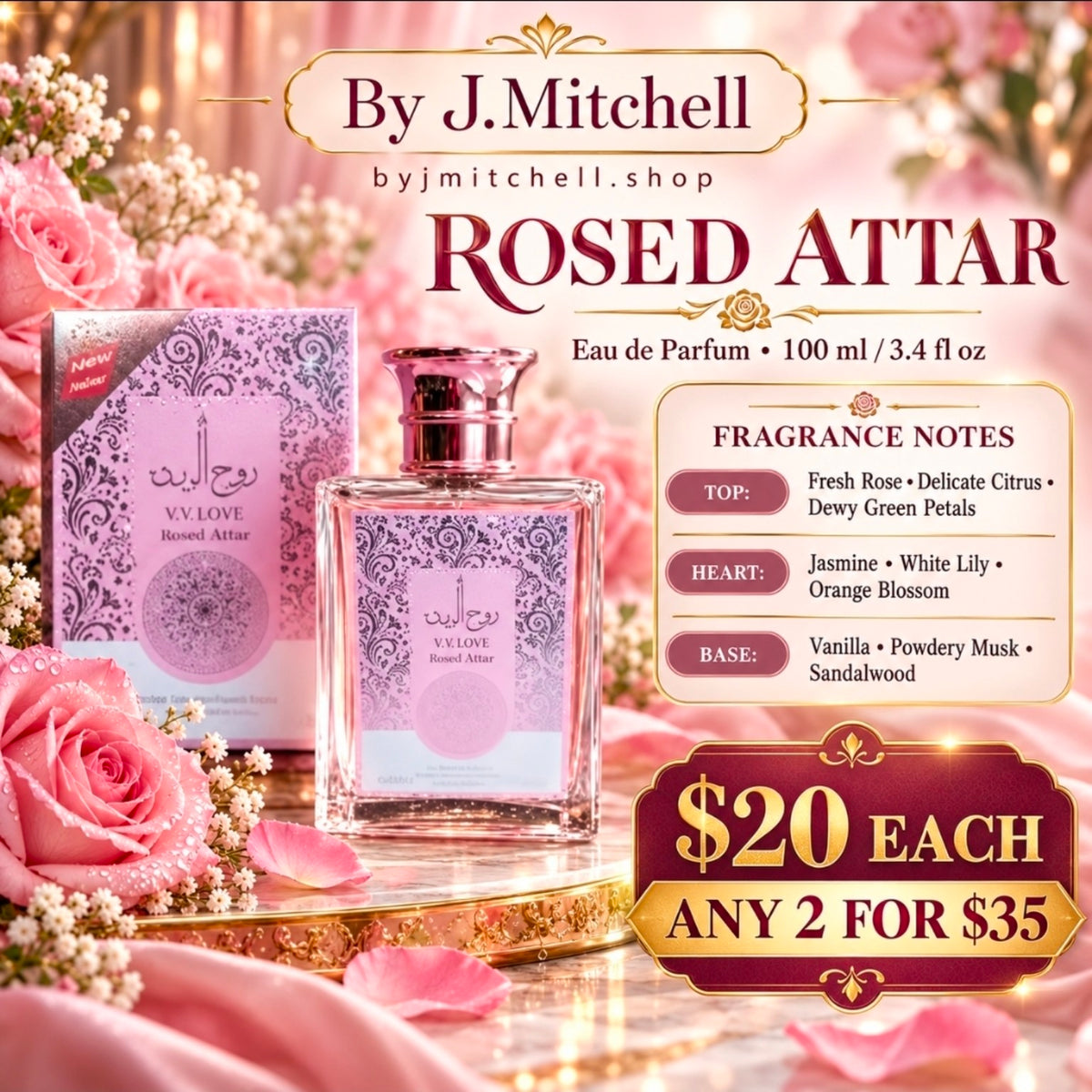 V.V. LOVE Rosed Attar Eau de Parfum with fragrance notes and By J.Mitchell pricing