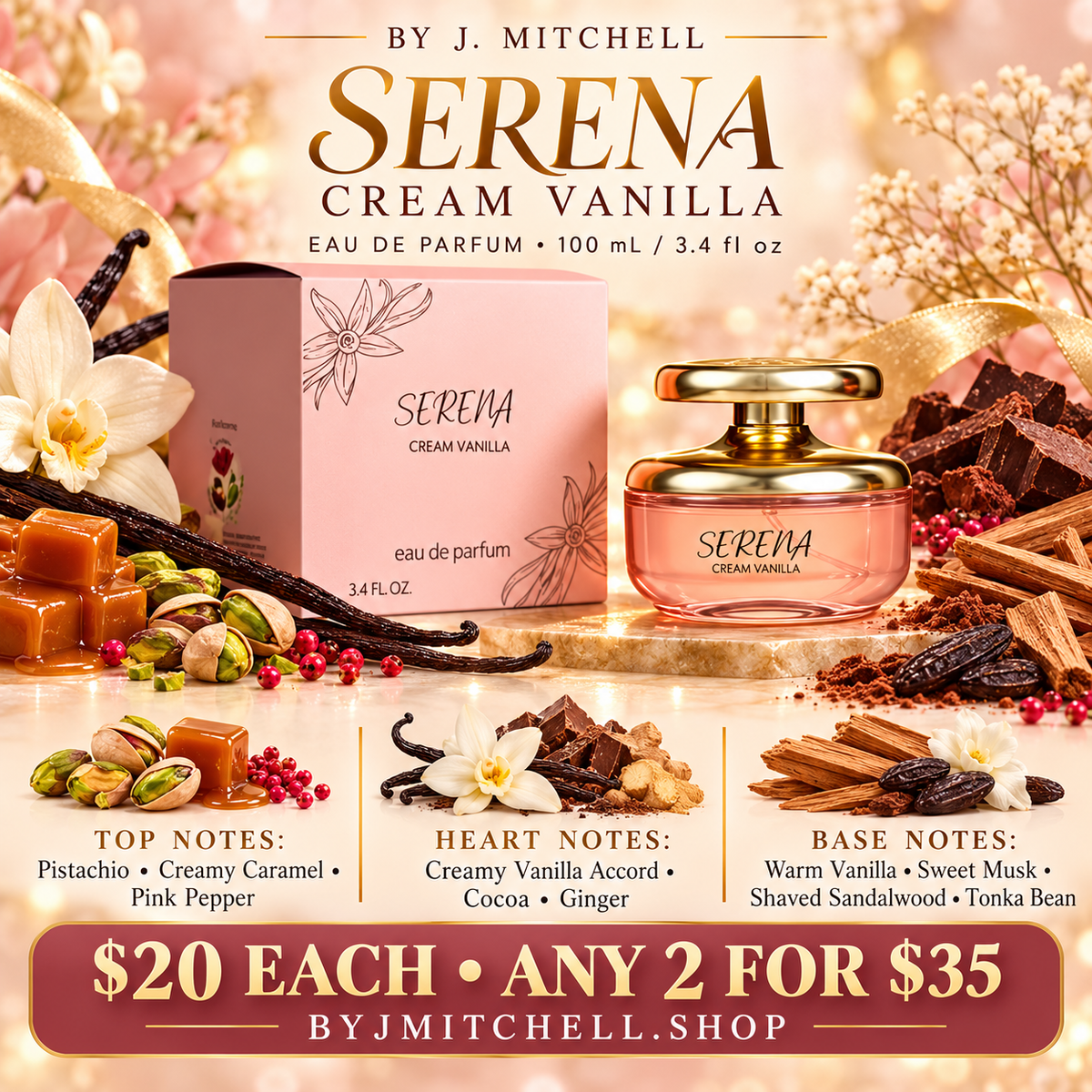 Serena Cream Vanilla by J. Mitchell with scent notes and $20 each or any 2 for $35 offer