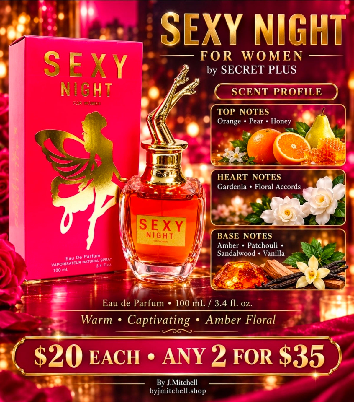 Sexy Night by Secret Plus fragrance with scent notes and $20 each / any 2 for $35 offer