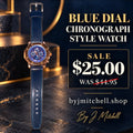 SHIYIDA blue dial chronograph-style watch with navy strap and rose-gold-tone octagonal case