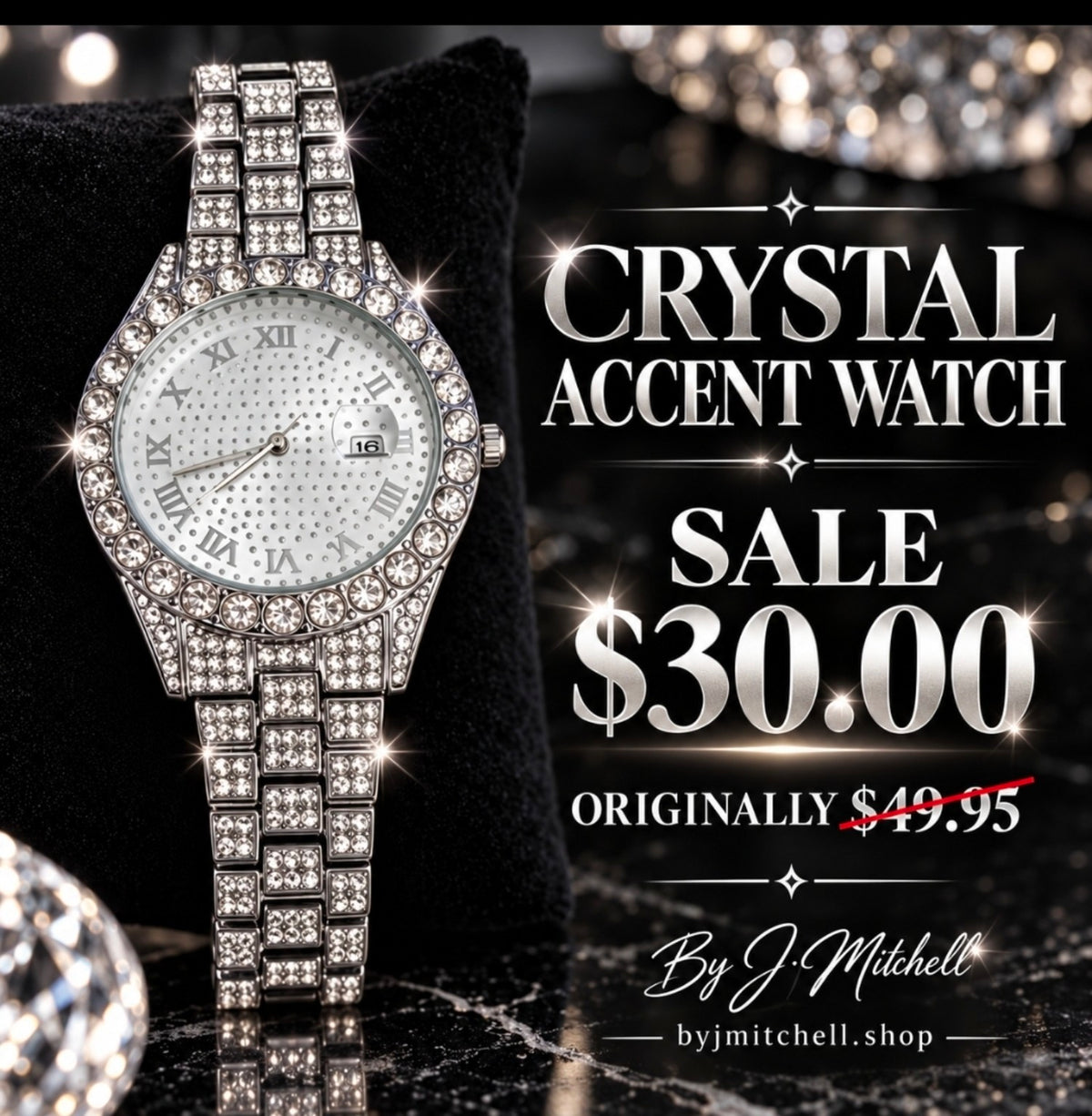 Silver-tone crystal bracelet watch with Roman numeral dial