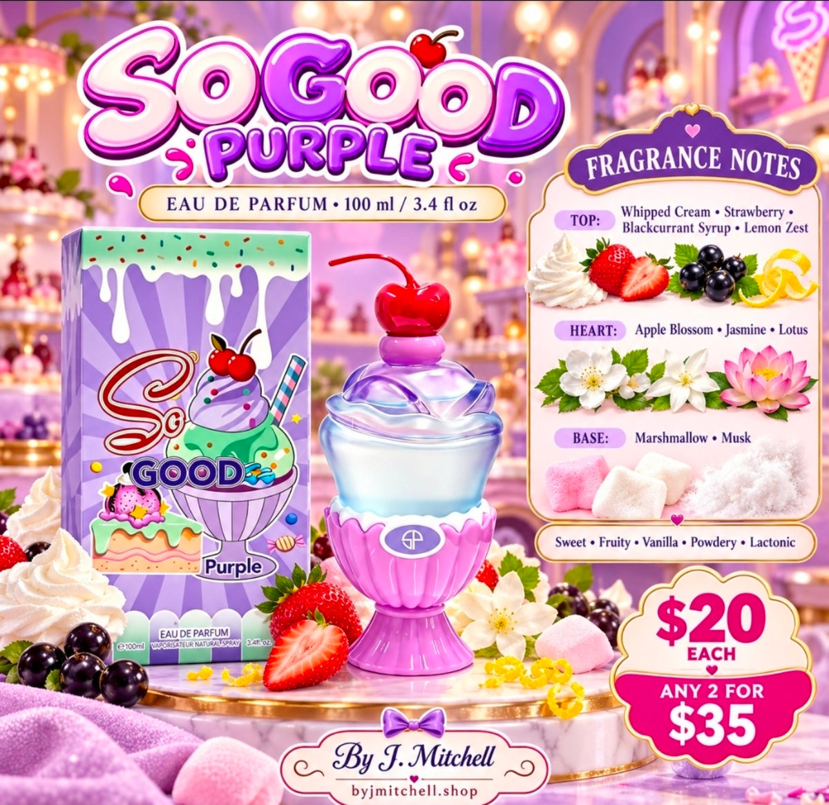 So Good Purple Eau de Parfum with fragrance notes and $20 / 2 for $35 offer
