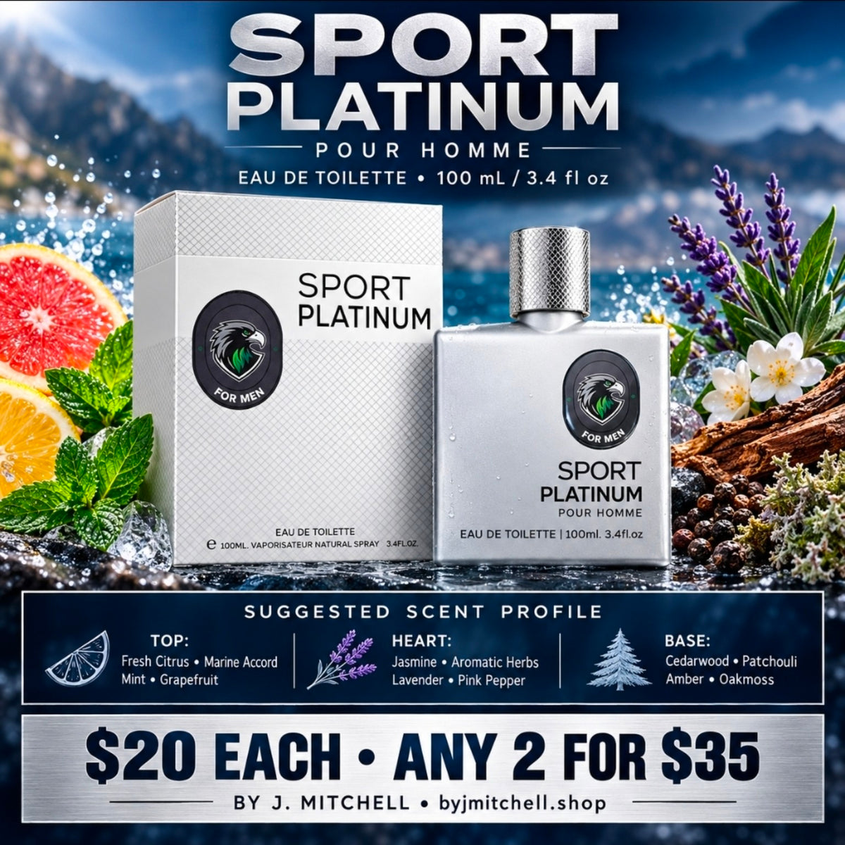 Sport Platinum Eau de Toilette for Men, 100 mL