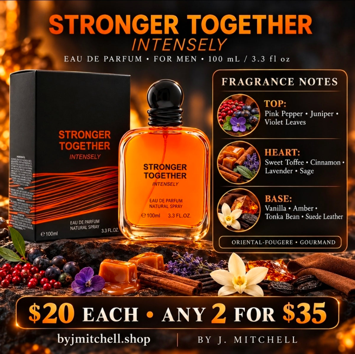 Stronger Together Intensely for men fragrance notes, $20 each or any 2 for $35