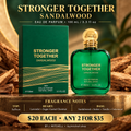 Stronger Together Sandalwood EDP with fragrance notes and By J. Mitchell branding