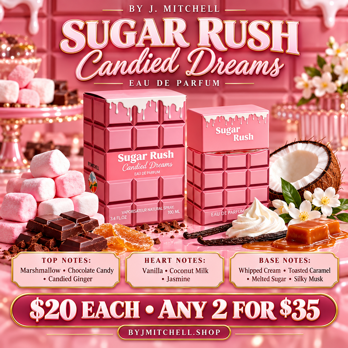 Sugar Rush Candied Dreams Eau de Parfum with scent notes and $20 each or any 2 for $35 offer
