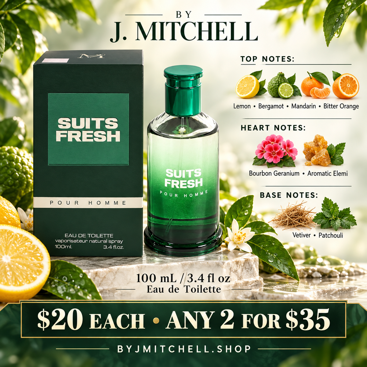 Suits Fresh Pour Homme by J. Mitchell, with scent notes and $20 each or any 2 for $35 offer
