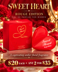 Sweet Heart Rouge Edition Eau de Parfum for women, red heart-shaped bottle and red box, $20 each or any 2 for $35