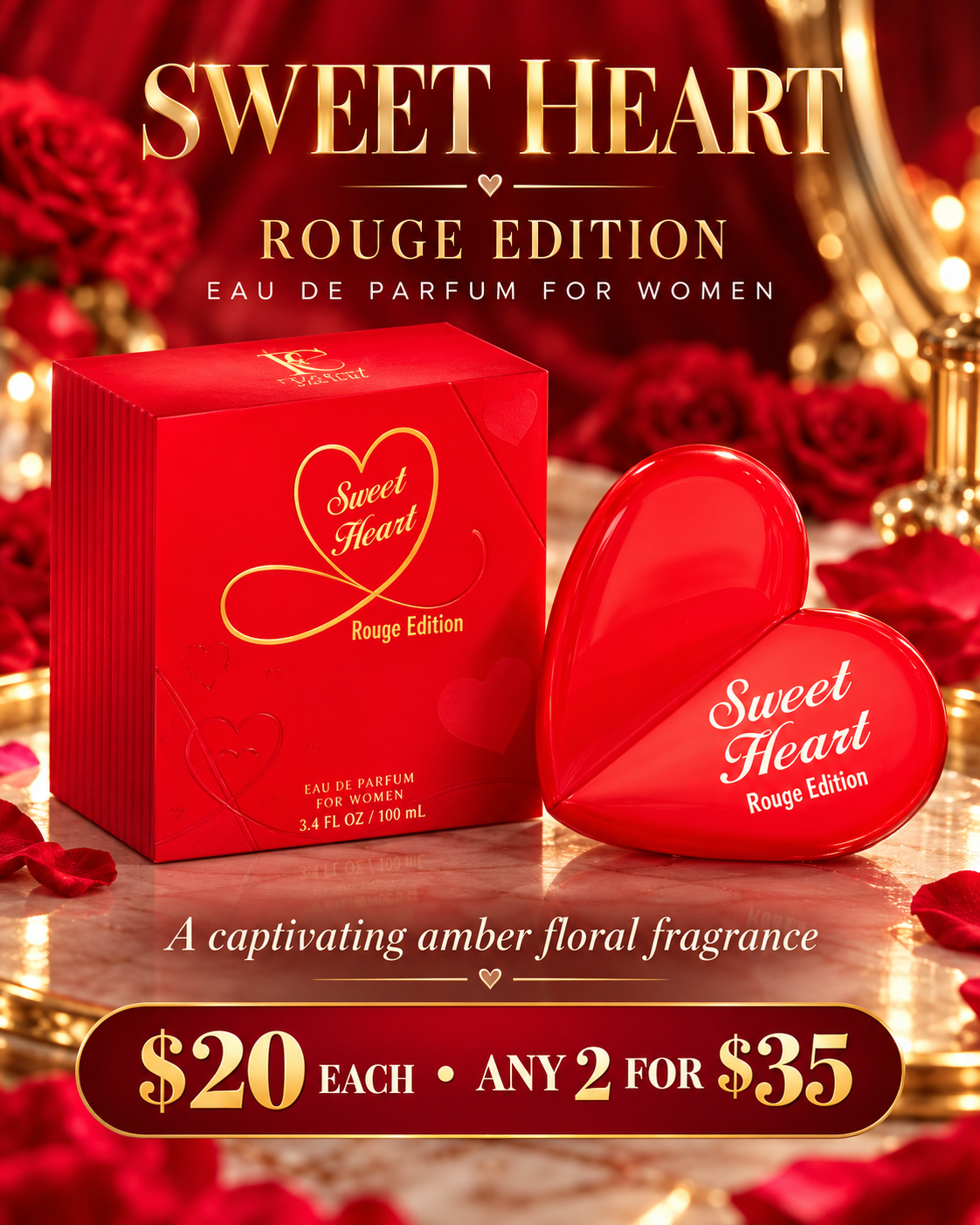 Sweet Heart Rouge Edition Eau de Parfum for women, red heart-shaped bottle and red box, $20 each or any 2 for $35