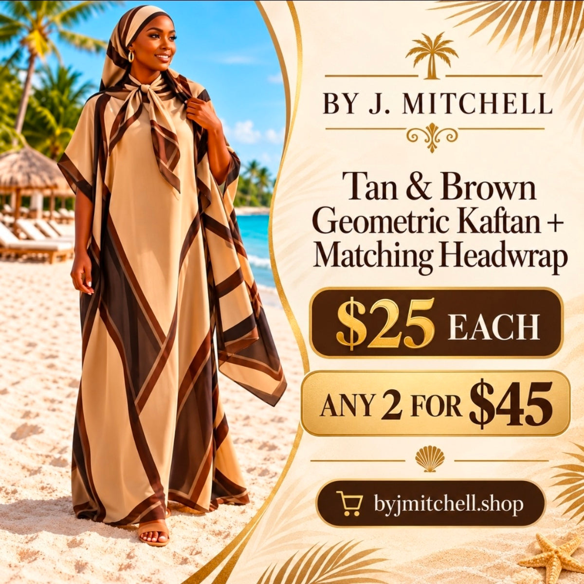 Tan and brown geometric kaftan with matching headwrap on a beach