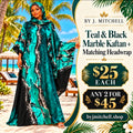 Teal and black marble kaftan with matching headwrap, $25 each or any 2 for $45