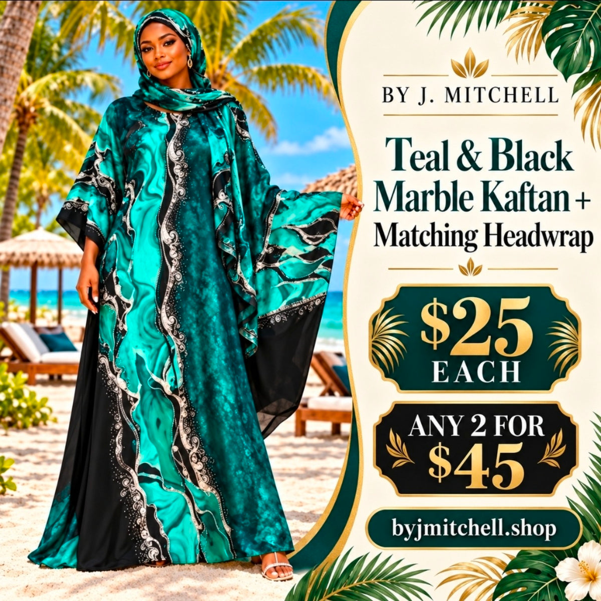 Teal and black marble kaftan with matching headwrap, $25 each or any 2 for $45