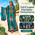 Teal and leopard print kaftan with matching headwrap
