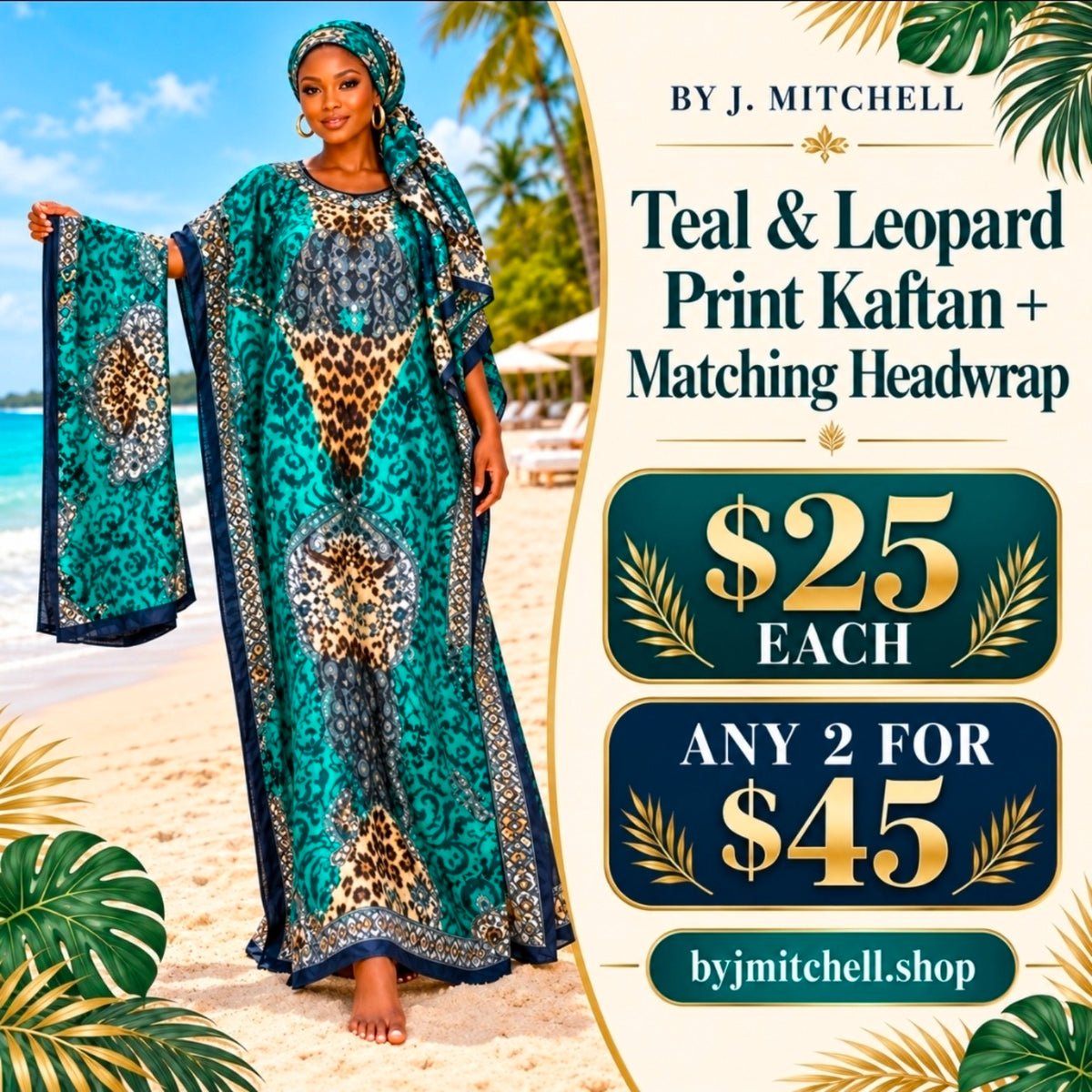 Teal and leopard print kaftan with matching headwrap