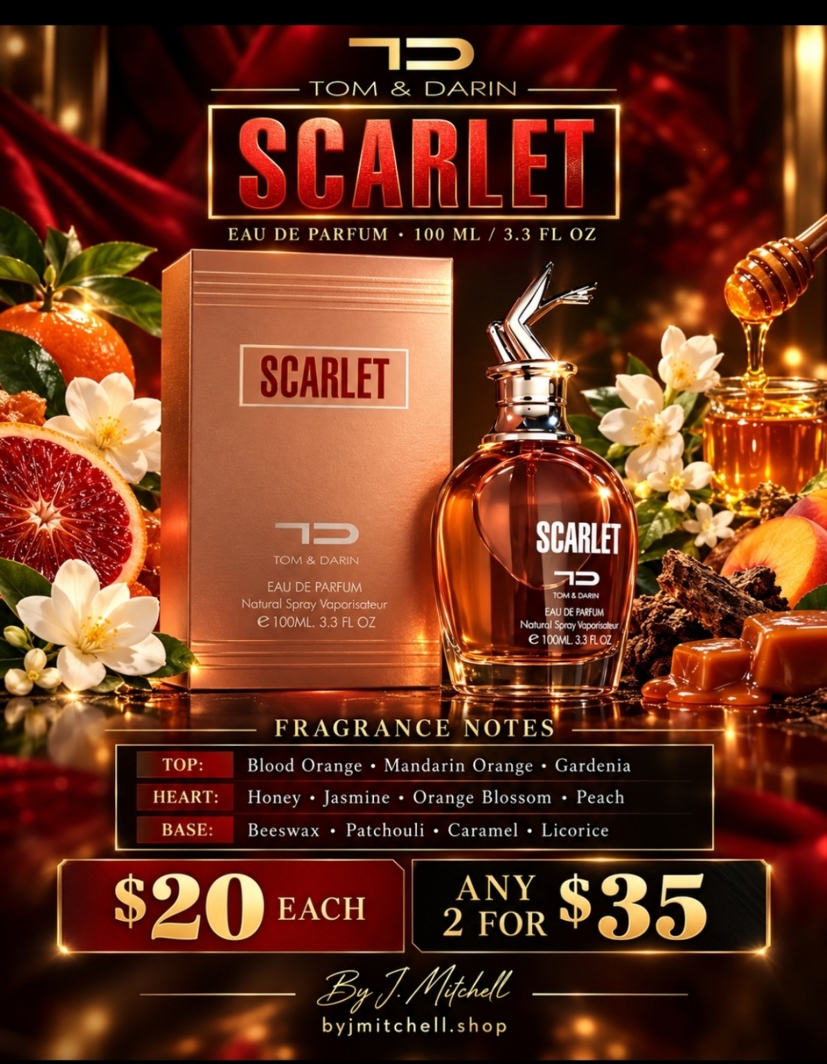 Tom & Darin Scarlet flyer with fragrance notes and $20 each or any 2 for $35 offer