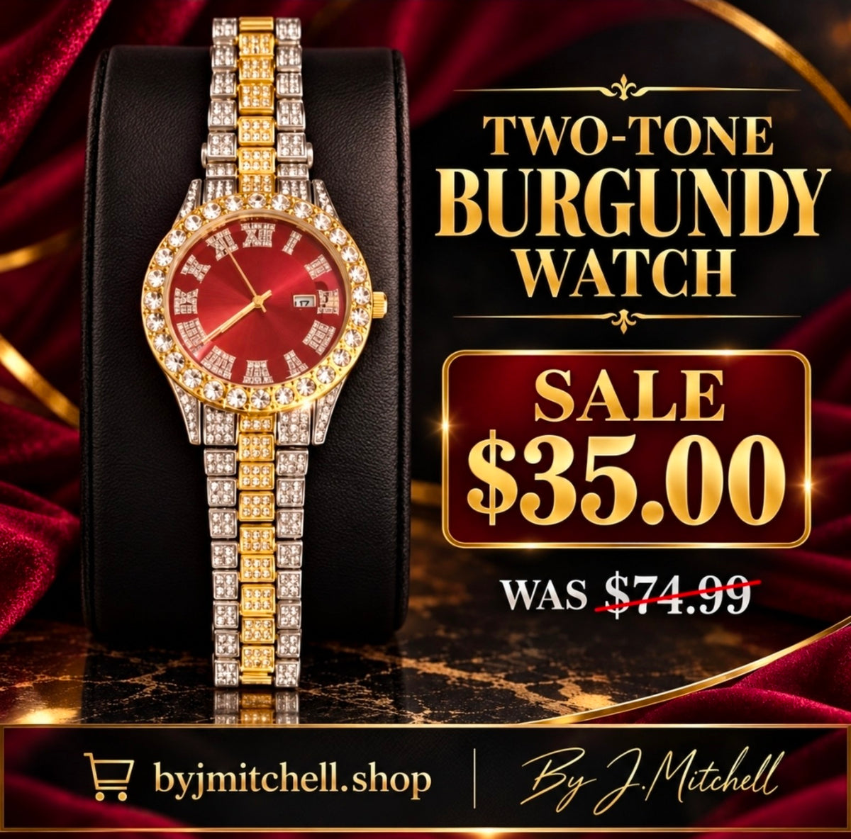 Two-tone watch with burgundy dial and crystal-style accents