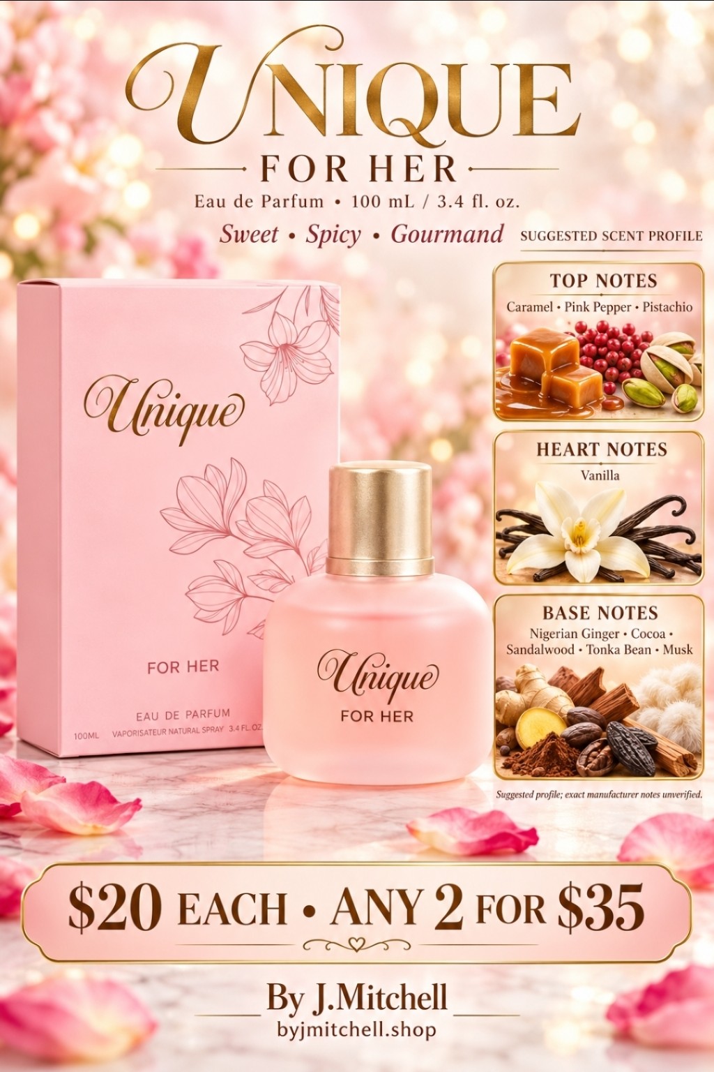 Unique For Her Eau de Parfum 100mL with suggested notes and By J.Mitchell offer