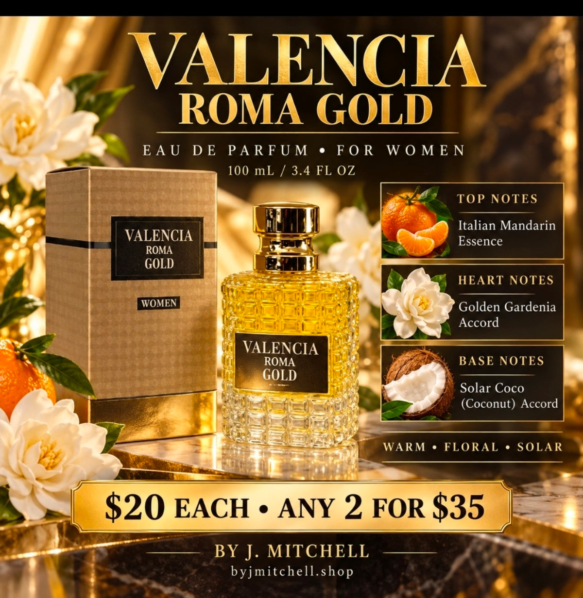 Valencia Roma Gold Eau de Parfum for Women with Italian Mandarin, Golden Gardenia and Solar Coco notes