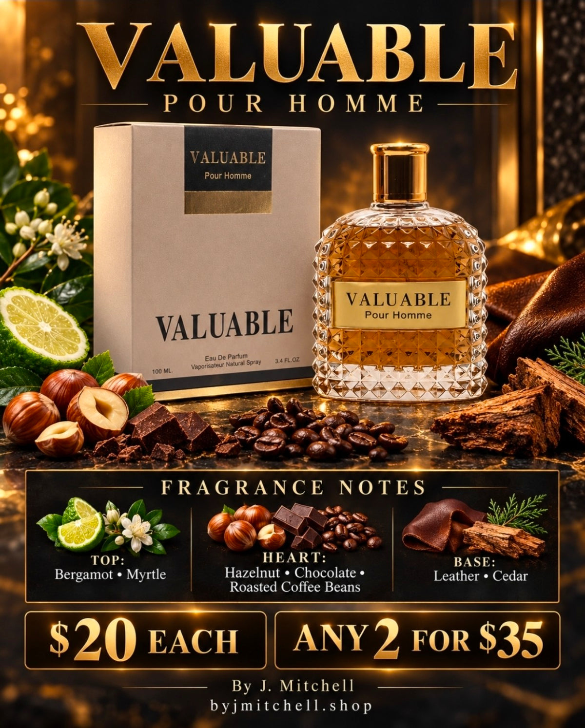 Valuable Pour Homme flyer with notes and $20 each or any 2 for $35 offer