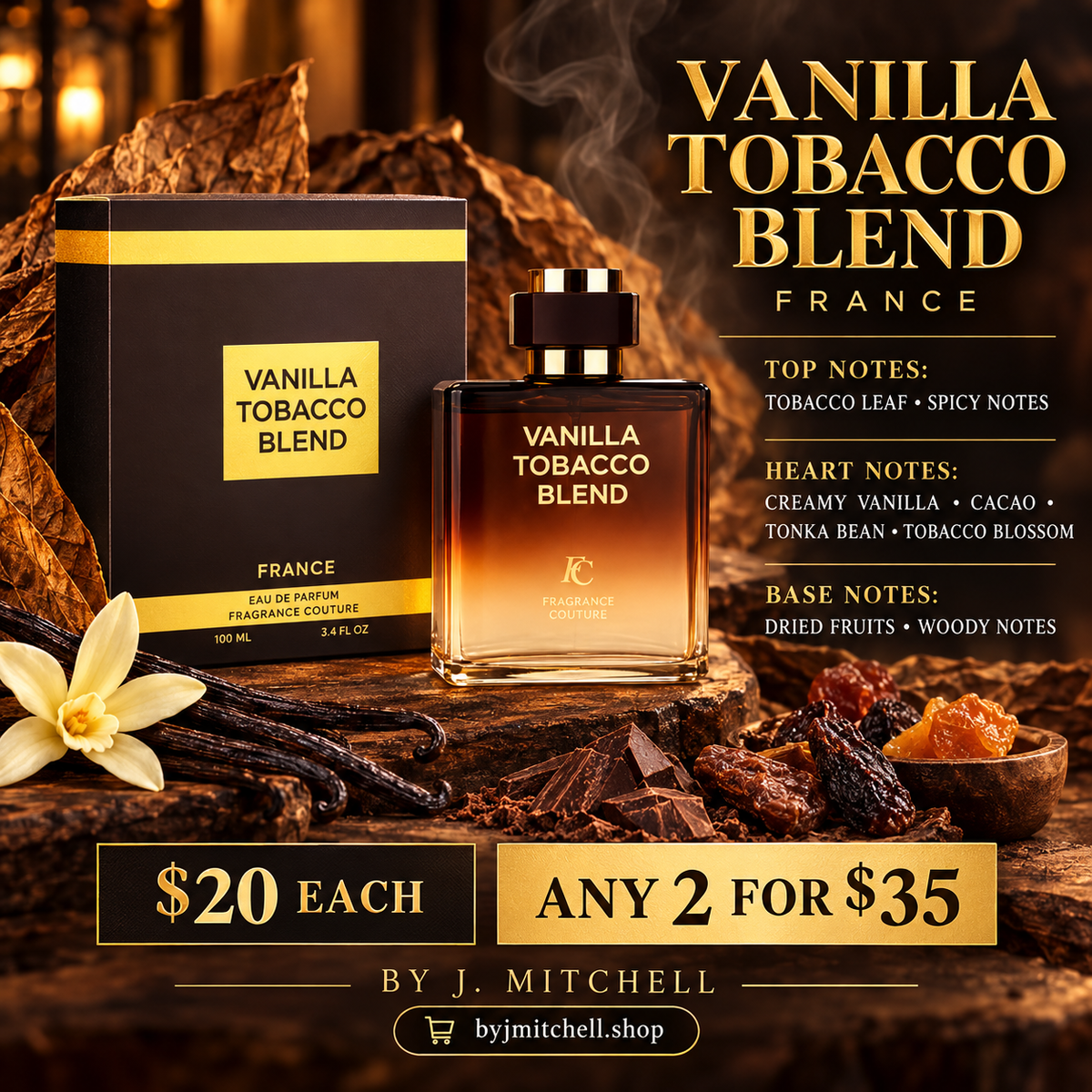 Vanilla Tobacco Blend France fragrance promo image with scent notes