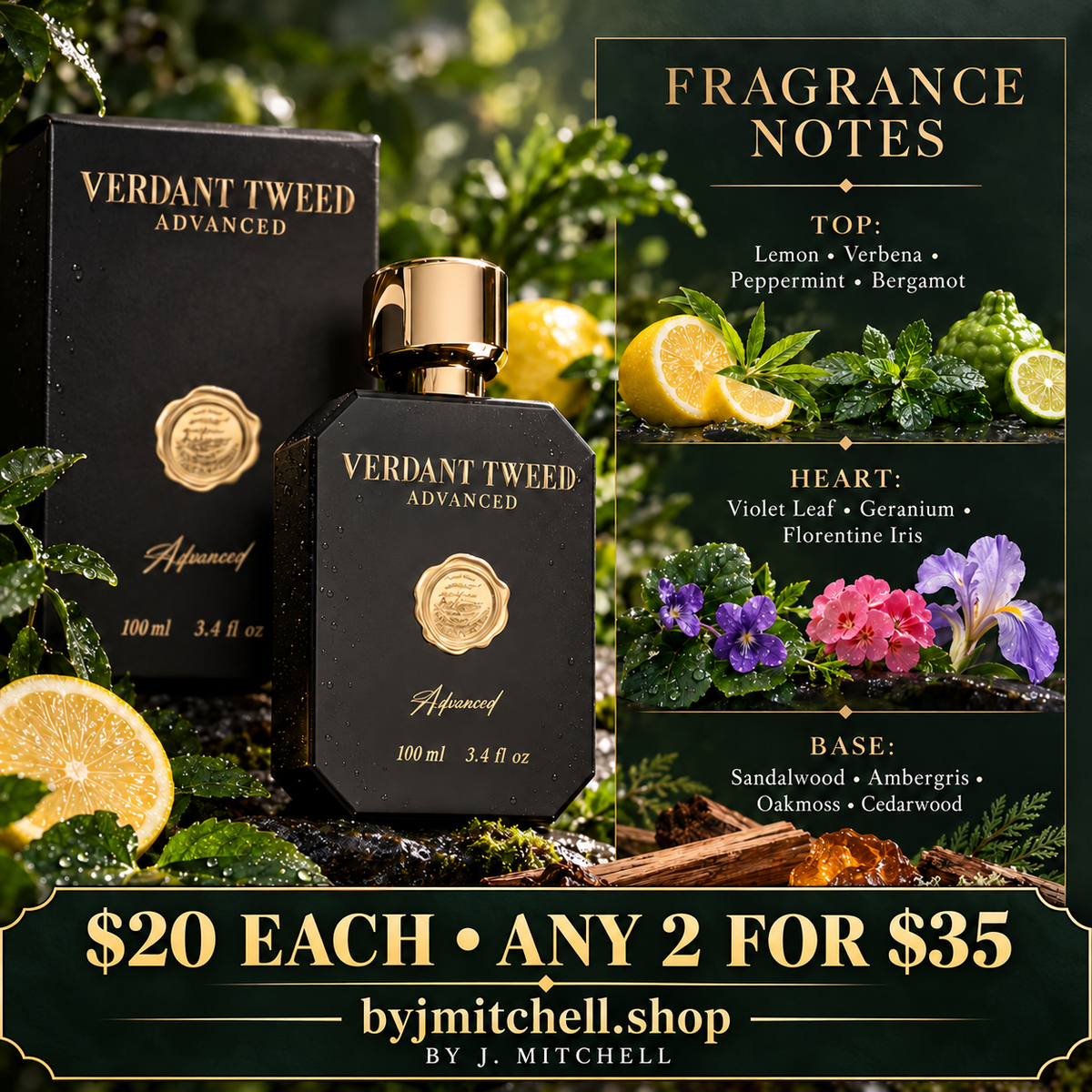 Verdant Tweed Advanced fragrance notes graphic with $20 each or any 2 for $35