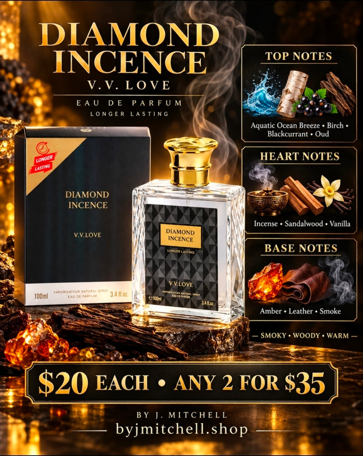V.V. LOVE Diamond Incence Eau de Parfum with fragrance notes