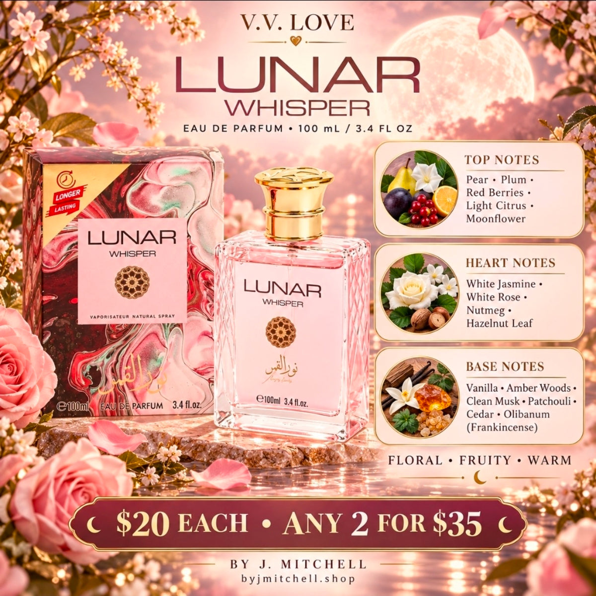 V.V. LOVE Lunar Whisper Eau de Parfum 100ml with fragrance notes