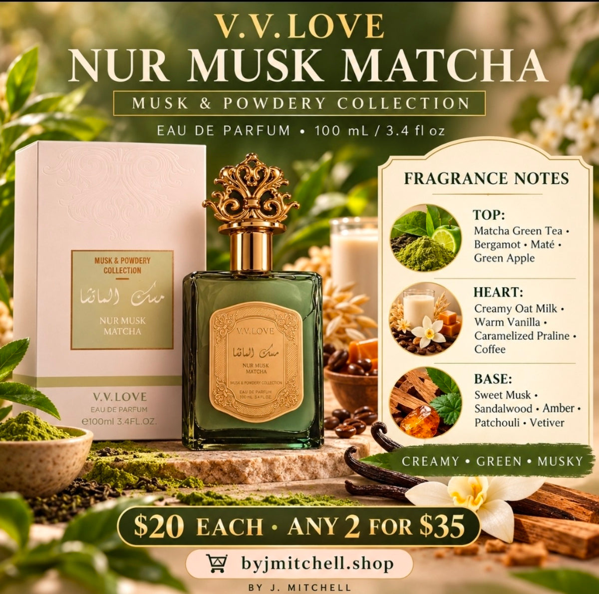 V.V.LOVE Nur Musk Matcha EDP with fragrance notes