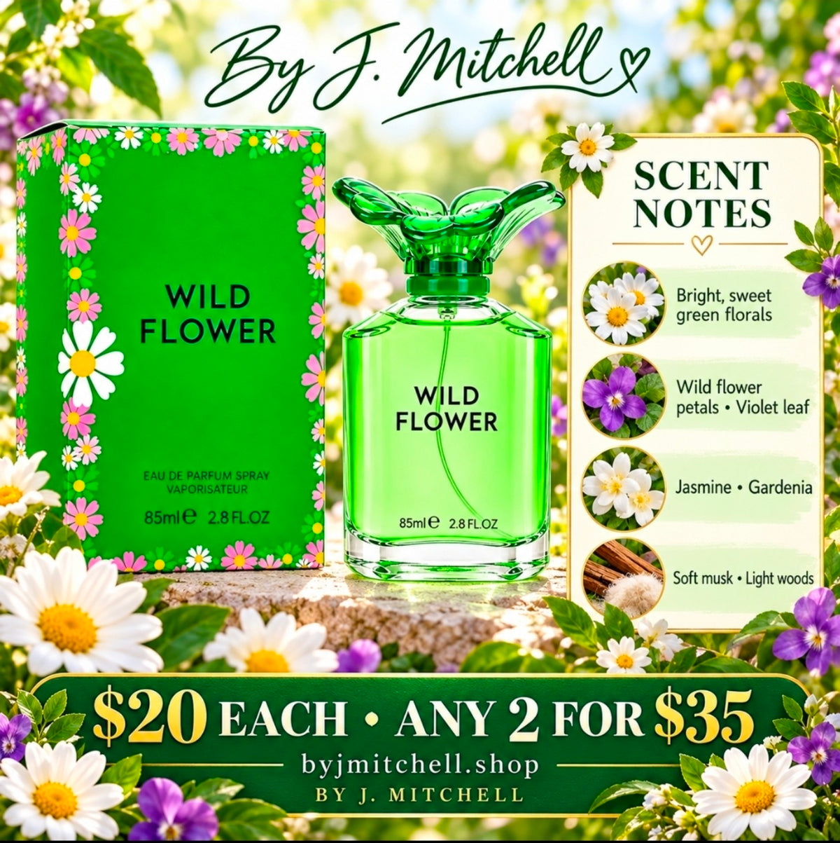 Wild Flower Eau de Parfum 85 mL fragrance notes and By J. Mitchell sale offer