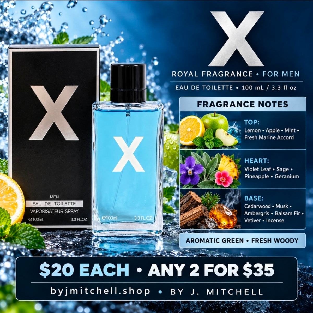 X by Royal Fragrance, men's Eau de Toilette with scent notes
